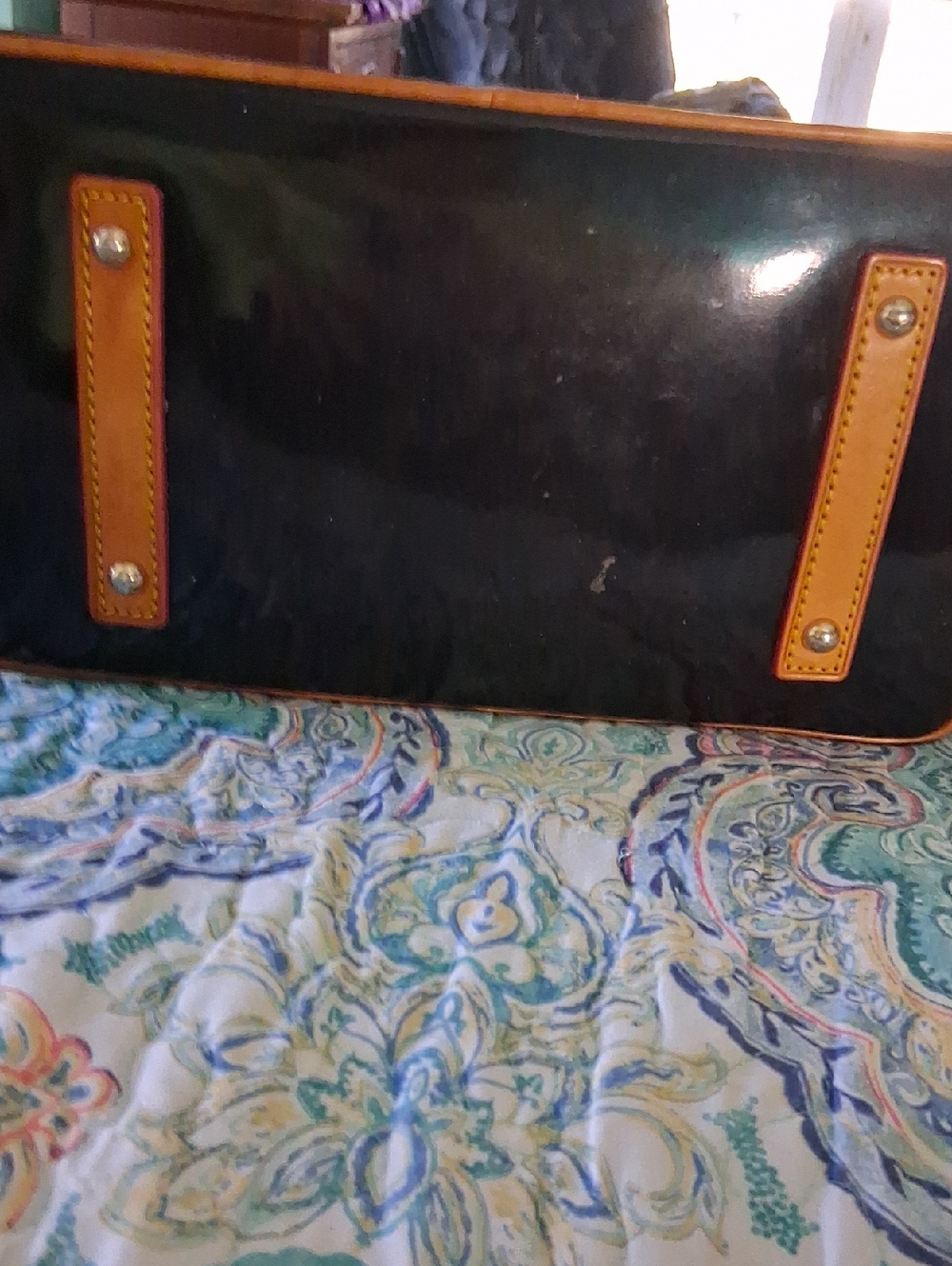 Dooney & Bourke Black Patent Tote with Tan Trim and Heart Charm - Picture 8 of 9